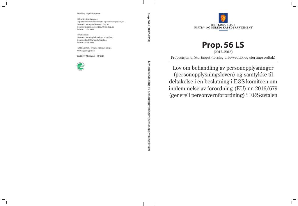 Forsiden av dokumentet Prop. 56 LS (2017–2018)