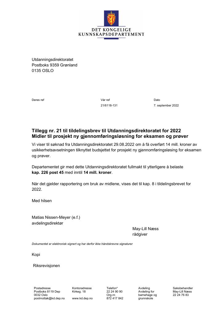 Forsiden av dokumentet Tildelingsbrev Utdanningsdirektoratet 2022 - tillegg nr. 21