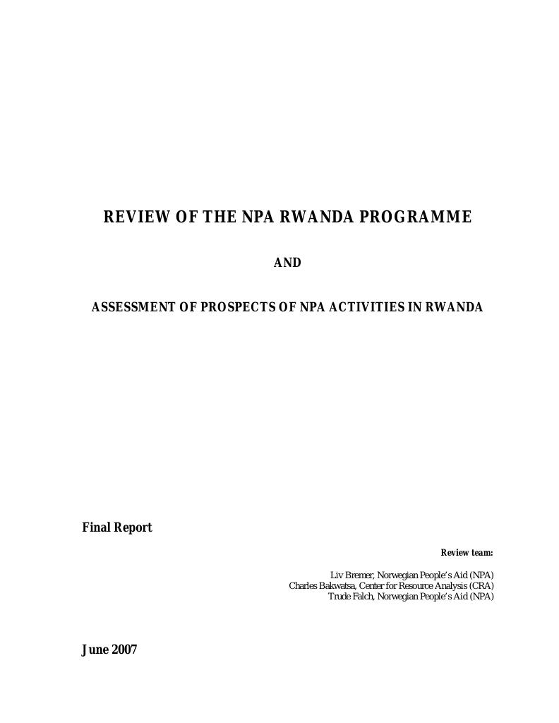 Forsiden av dokumentet Review of the NPA Rwanda Programme and Assessment of Prospects of NPA Activities in Rwanda