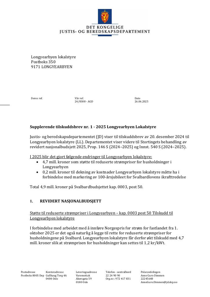 Forsiden av dokumentet Tilskuddsbrev Longyearbyen lokalstyre 2025 - tillegg nr. 1