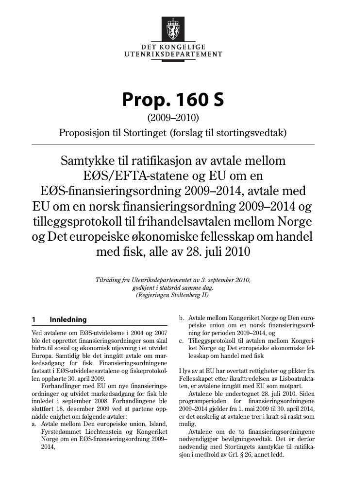Forsiden av dokumentet Prop. 160 S (2009–2010)