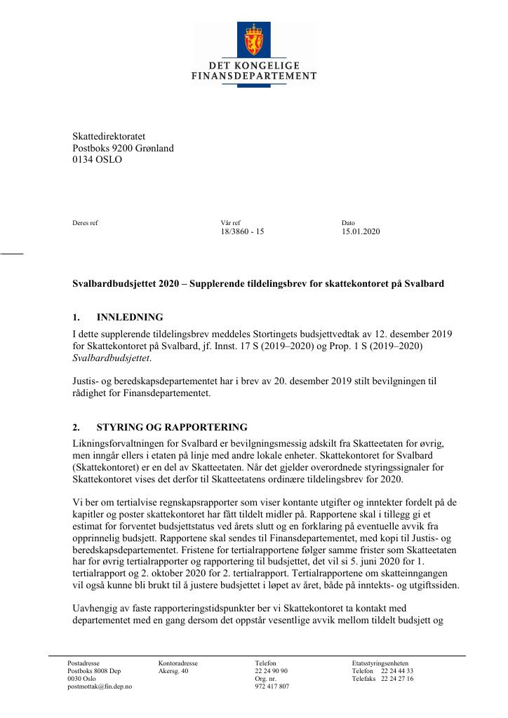 Forsiden av dokumentet Supplerende tildelingsbrev for skattekontoret på Svalbard
