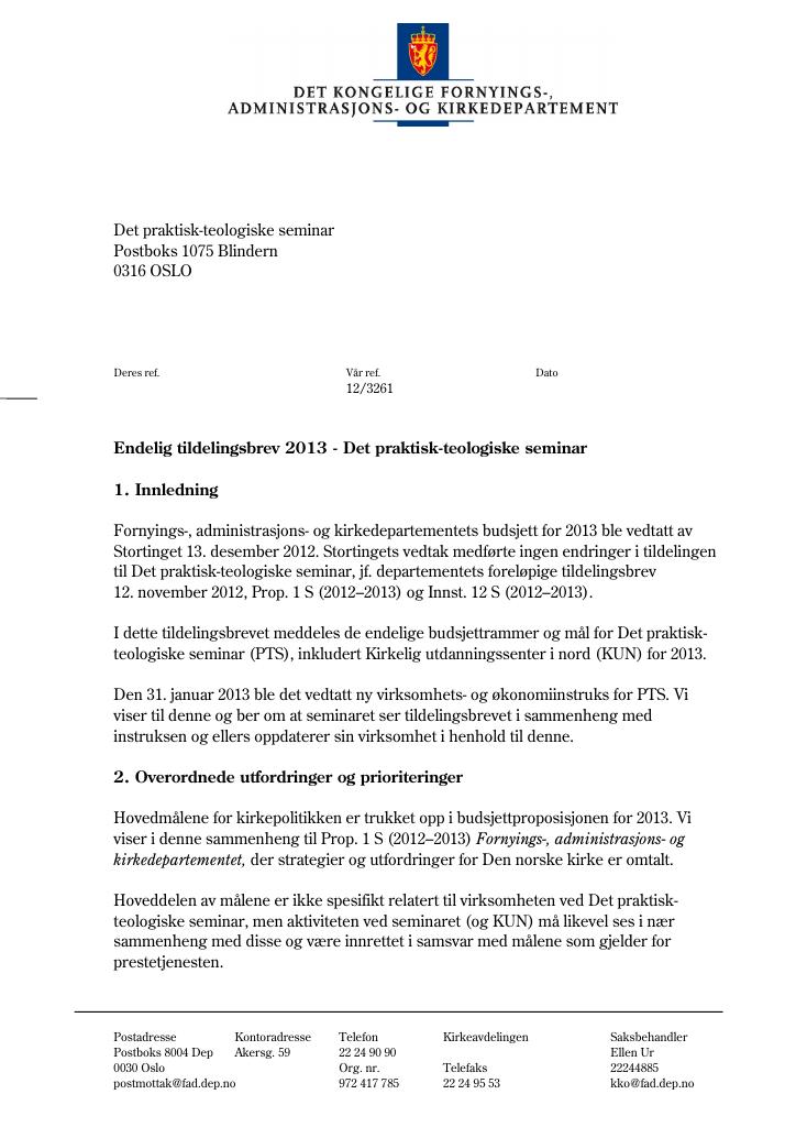 Forsiden av dokumentet Tildelingsbrev (.pdf)