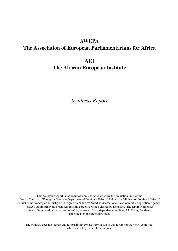 Forsiden av dokumentet AWEPA The Association of European Parliamentarians for Africa - AEI The African European Institute