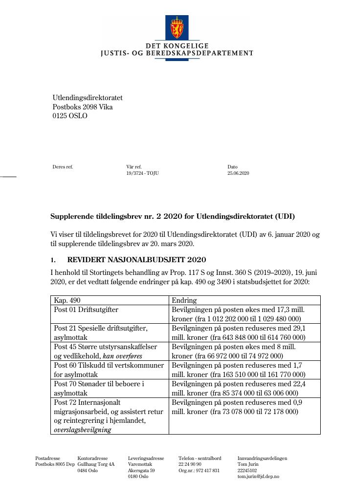 Forsiden av dokumentet Supplerende tildelingsbrev Utlendingsdirektoratet 2020 - nr. 2