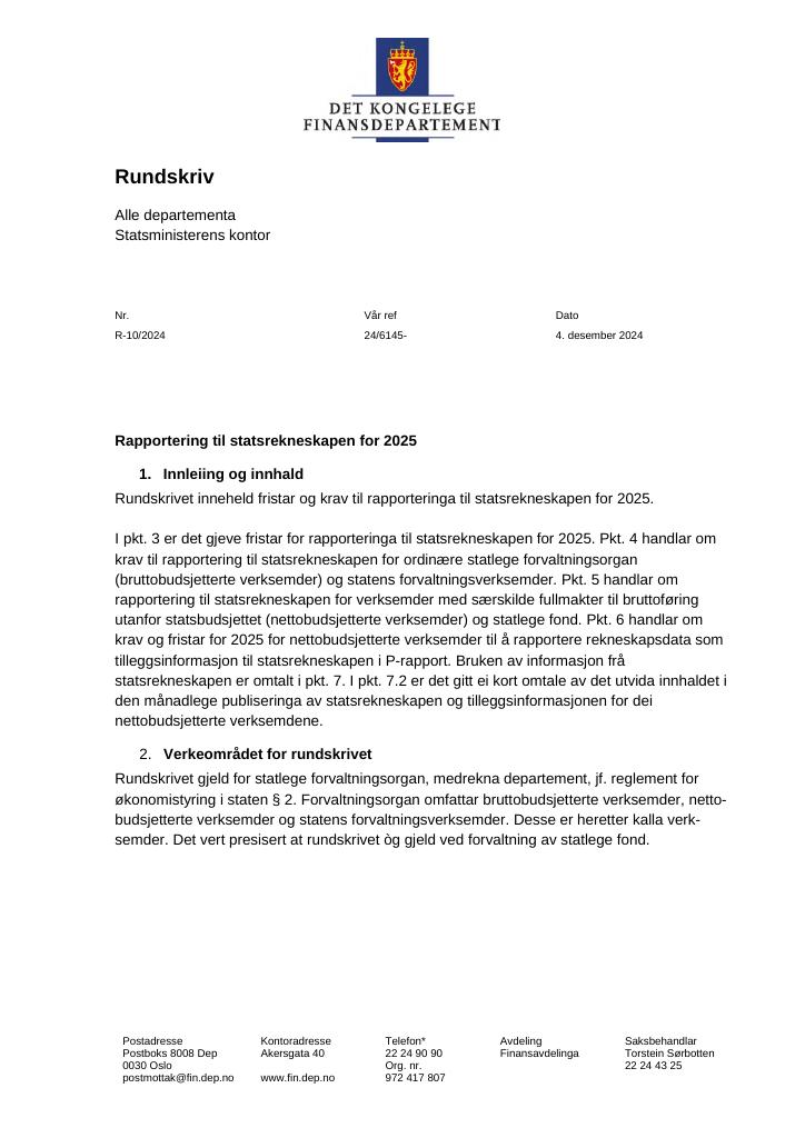 Forsiden av dokumentet Rapportering til statsrekneskapen for 2025