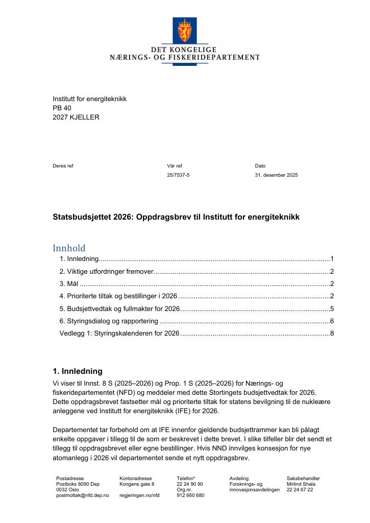 Forsiden av dokumentet Oppdragsbrev Institutt for energiteknikk 2026