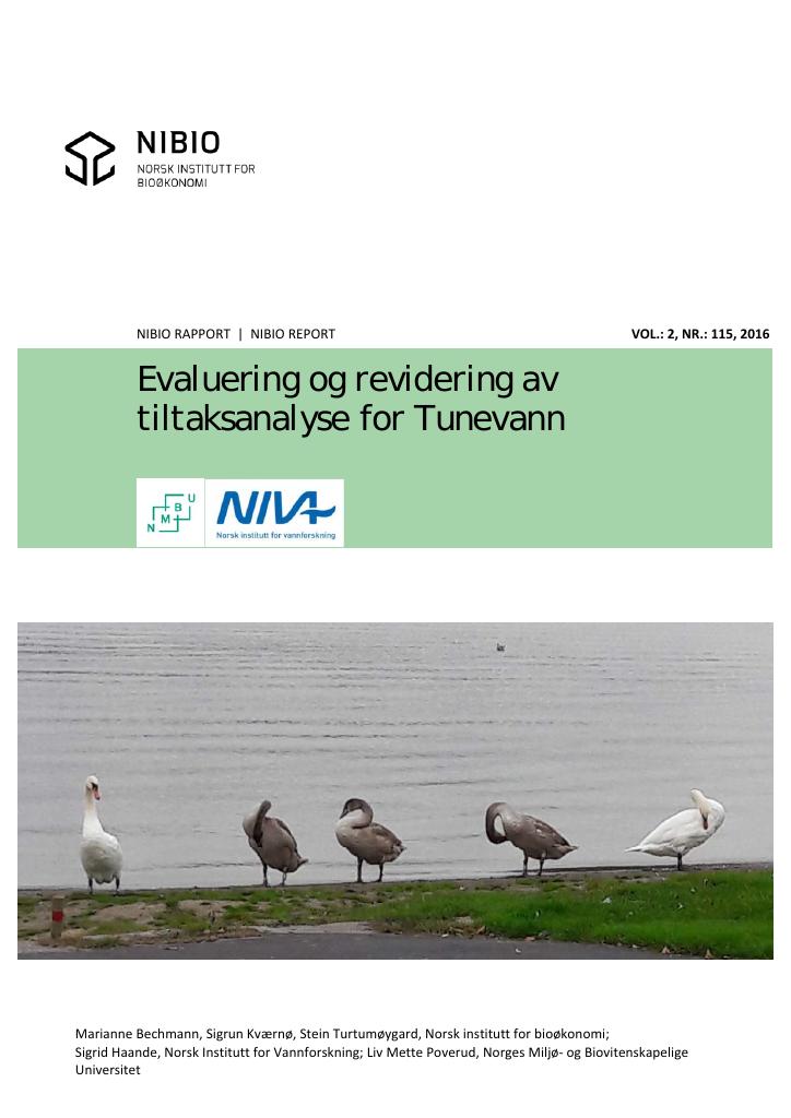 Forsiden av dokumentet Evaluering og revidering av tiltaksanalyse for Tunevann