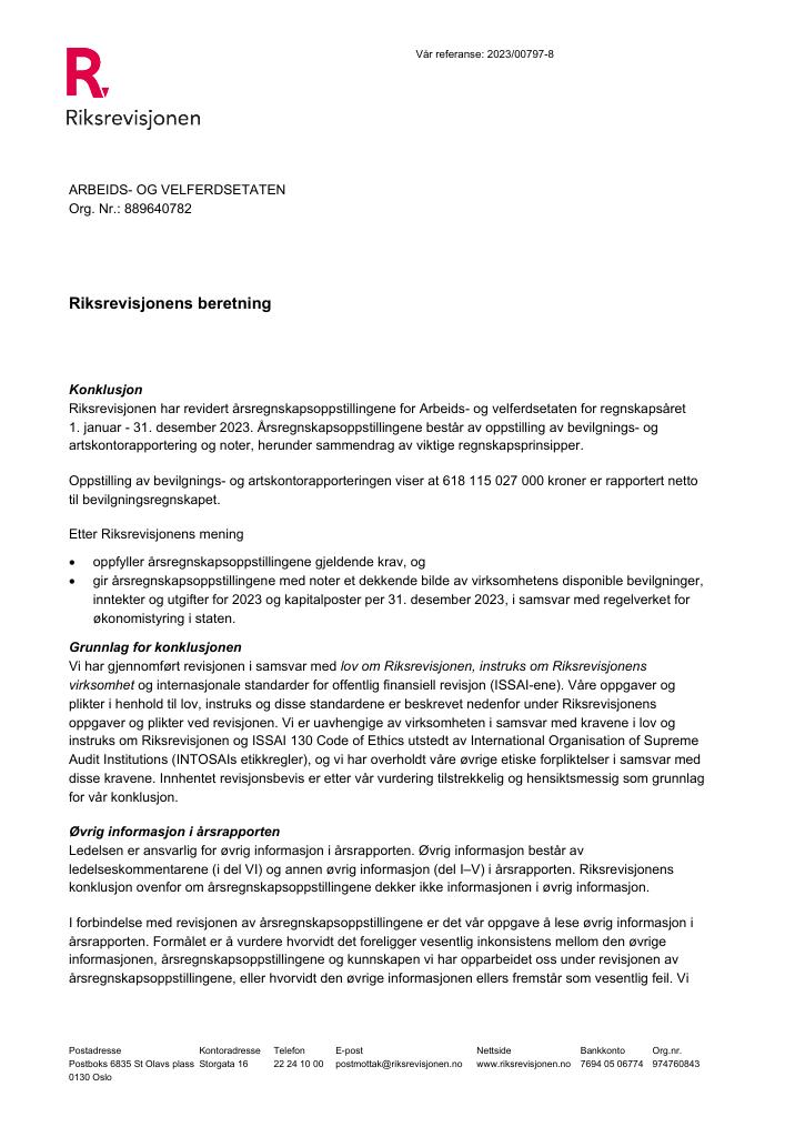 Forsiden av dokumentet Revisjonsberetning Arbeids- og velferdsetaten 2023