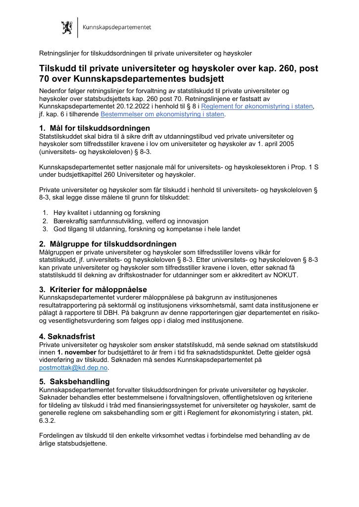 Forsiden av dokumentet Retningslinjer for tilskuddsordningen for private universiteter og høyskoler 2023
