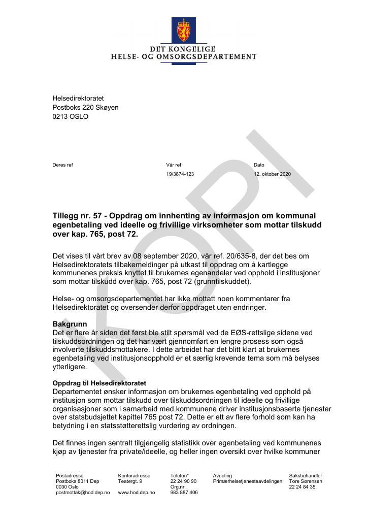 Forsiden av dokumentet Tildelingsbrev Helsedirektoratet 2020 - tillegg nr. 57