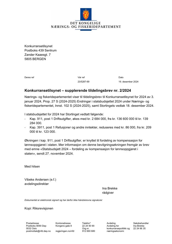 Forsiden av dokumentet Tildelingsbrev Konkurransetilsynet 2024 - tillegg nr. 2