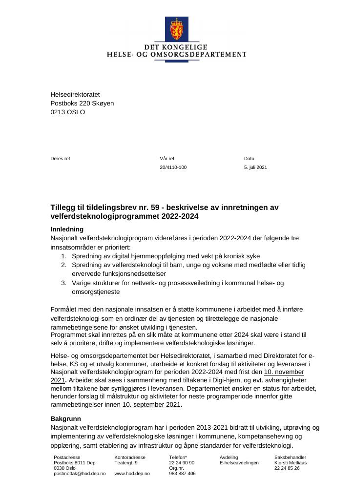 Forsiden av dokumentet Tildelingsbrev Helsedirektoratet 2021 - tillegg nr. 59