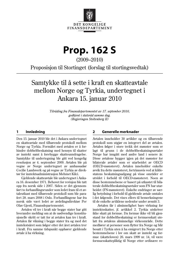 Forsiden av dokumentet Prop. 162 S (2009–2010)