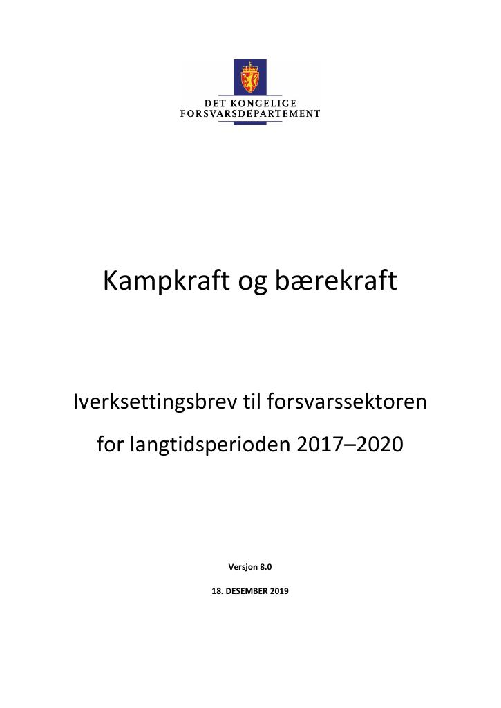 Forsiden av dokumentet Iverksettingsbrev til forsvarssektoren for langtidsperioden 2017–2020