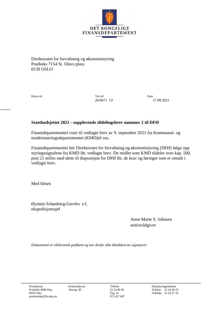 Forsiden av dokumentet Tildelingsbrev DFØ 2021 - tillegg nr. 2