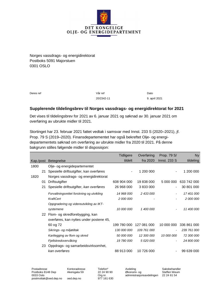 Forsiden av dokumentet Tildelingsbrev Norges vassdrags- og energidirektorat 2021 - tillegg nr. 1