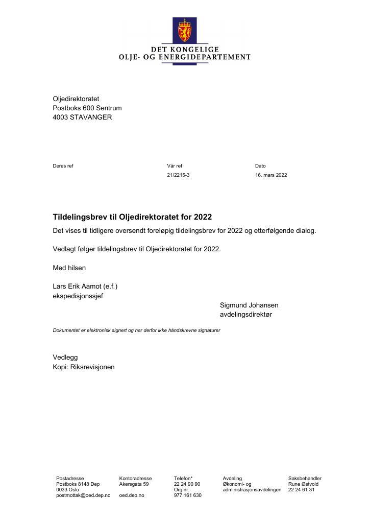 Forsiden av dokumentet Tildelingsbrev Oljedirektoratet 2022