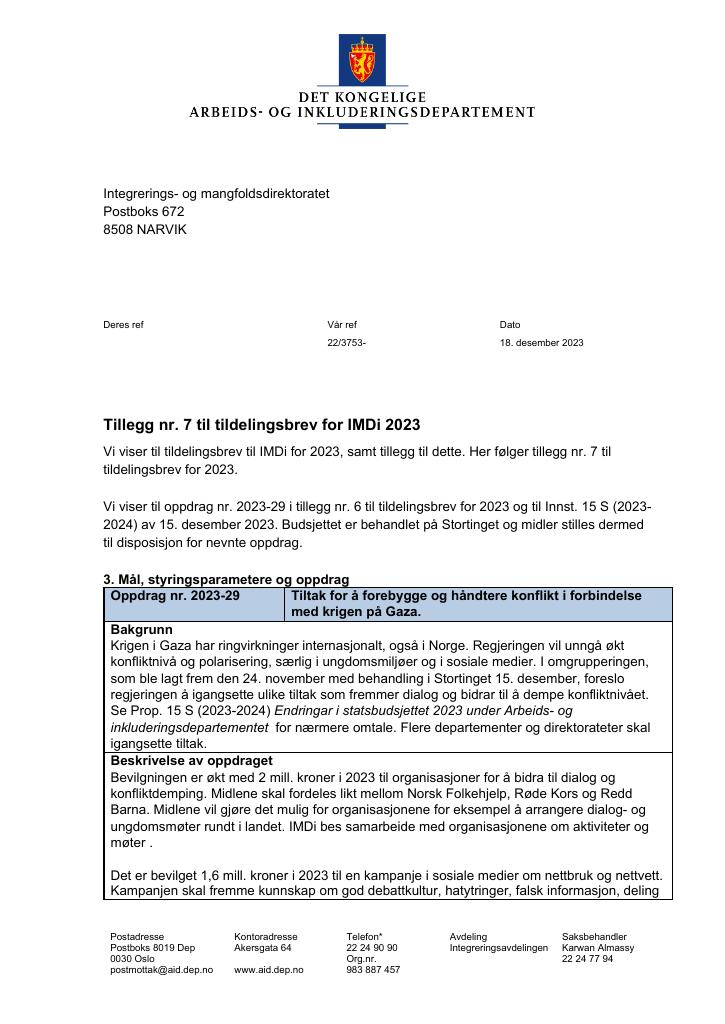 Forsiden av dokumentet Tildelingsbrev Integrerings- og mangfoldsdirektoratet (IMDi) 2023 - tillegg nr. 7