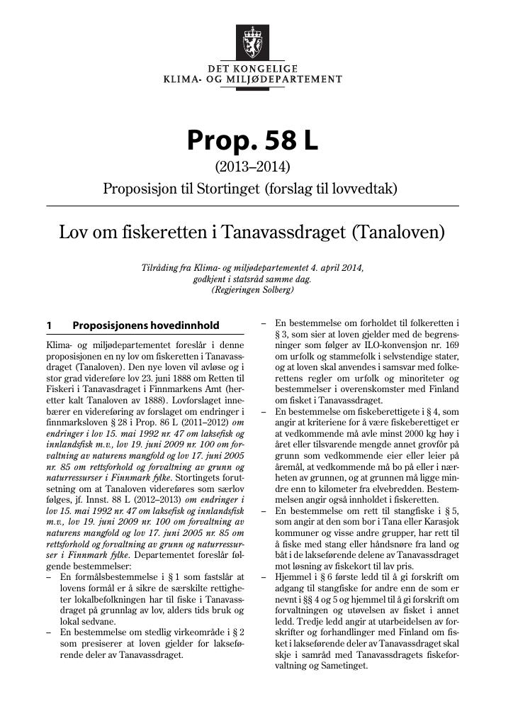 Forsiden av dokumentet Prop. 58 L (2013–2014)