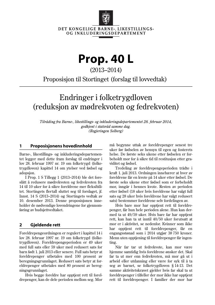 Forsiden av dokumentet Prop. 40 L (2013–2014)