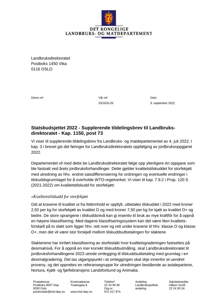 Forsiden av dokumentet Tildelingsbrev Landbruksdirektoratet 2022 - tillegg