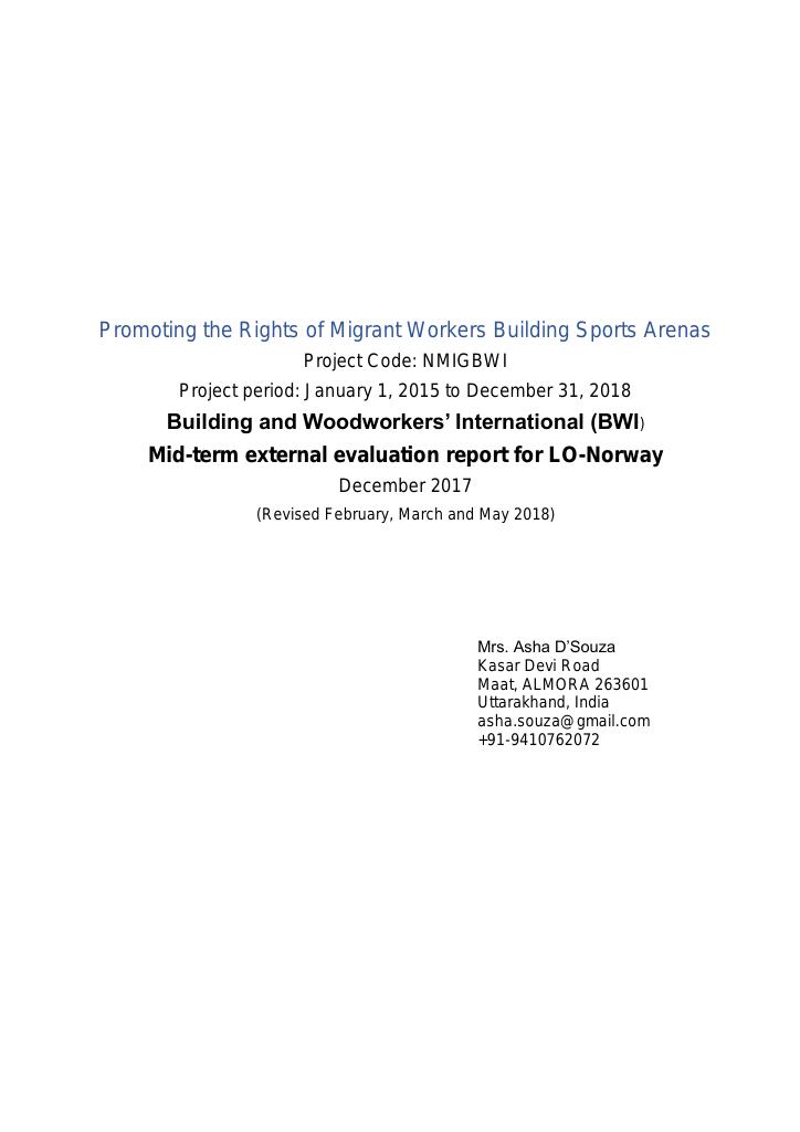 Forsiden av dokumentet Promoting the Rights of Migrant Workers Building Sports Arenas