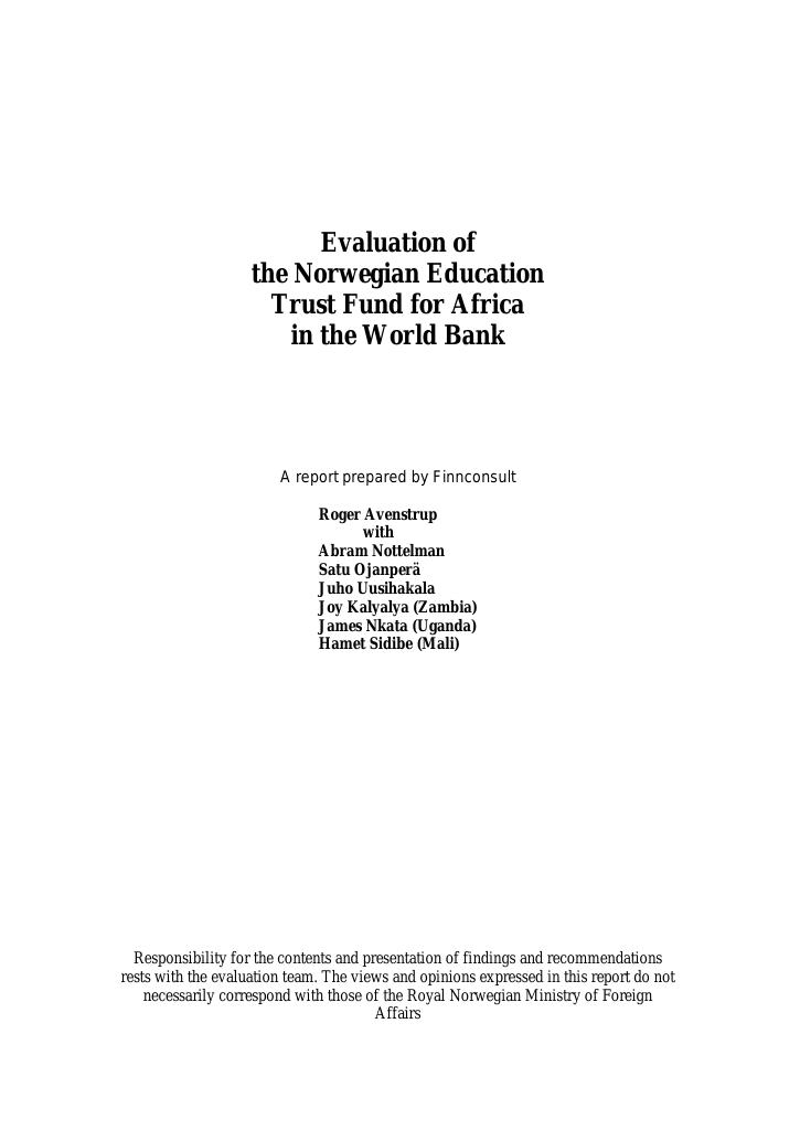 Forsiden av dokumentet Evaluation of the Norwegian Education Trust Fund for Africa in the World Bank