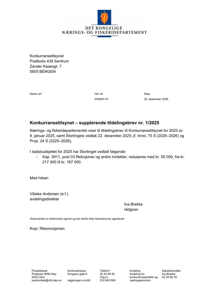 Forsiden av dokumentet Tildelingsbrev Konkurransetilsynet 2025 - tillegg