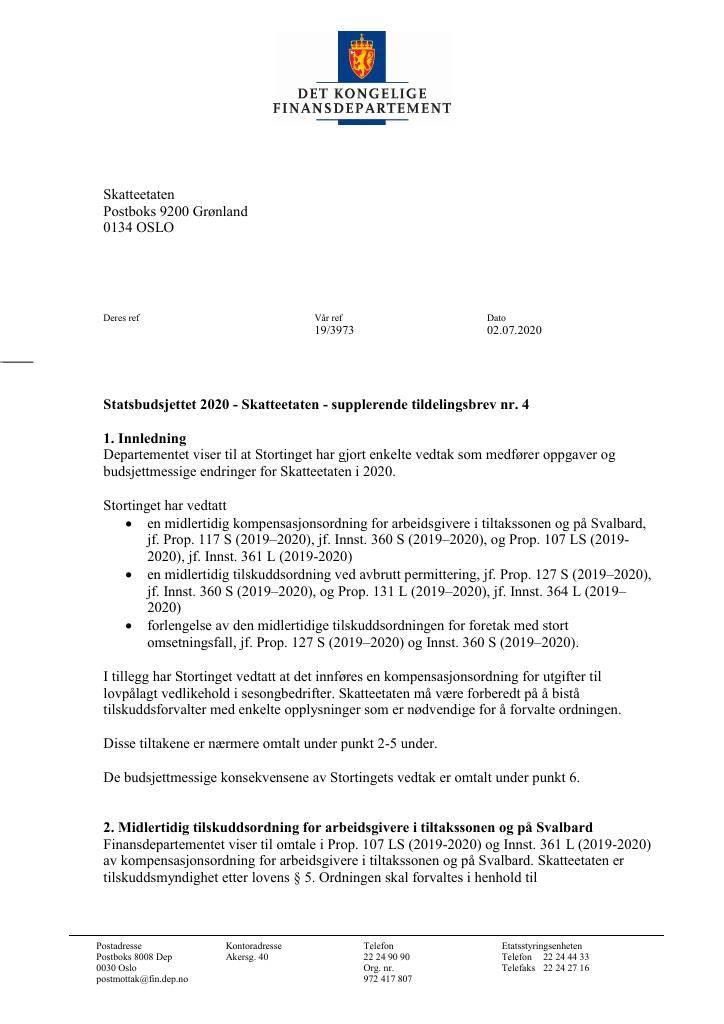 Forsiden av dokumentet Supplerende tildelingsbrev Skatteetaten 2020 - nr. 4