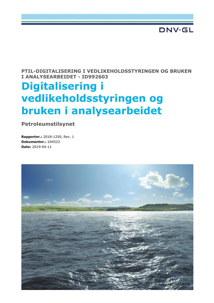 Forsiden av dokumentet Digitalisering i vedlikeholdsstyringen og bruken i analysearbeidet