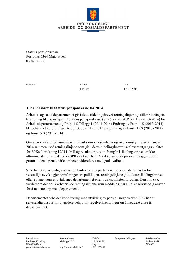 Forsiden av dokumentet Tildelingsbrev (PDF)