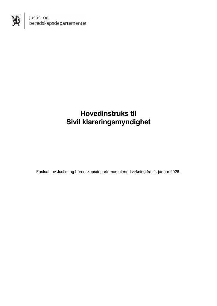 Forsiden av dokumentet Hovedinstruks Sivil klareringsmyndighet