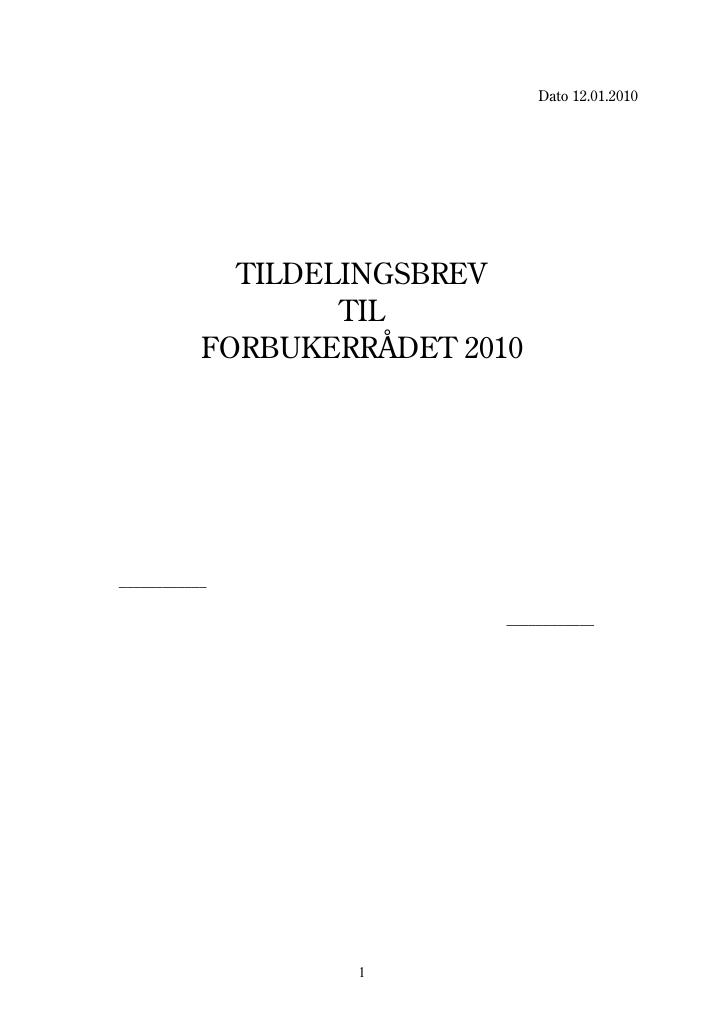 Forsiden av dokumentet Tildelingsbrev Forbrukerrådet 2010