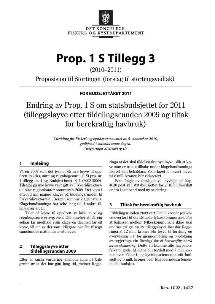 Forsiden av dokumentet Prop. 1 S Tillegg 3 (2010–2011)