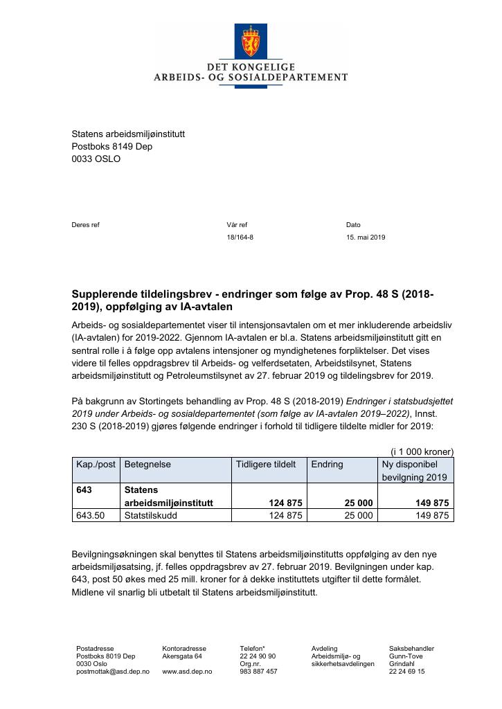 Forsiden av dokumentet Tildelingsbrev Statens arbeidsmiljøinstitutt (STAMI) 2019 - tillegg nr. 48