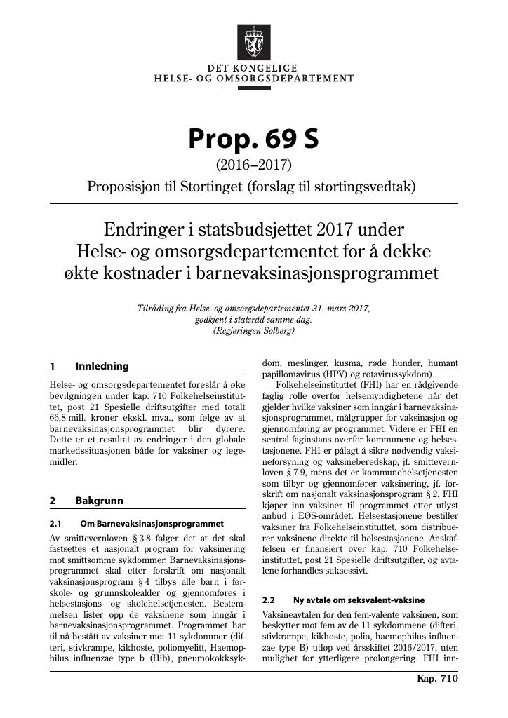 Forsiden av dokumentet Prop. 69 S (2016–2017)