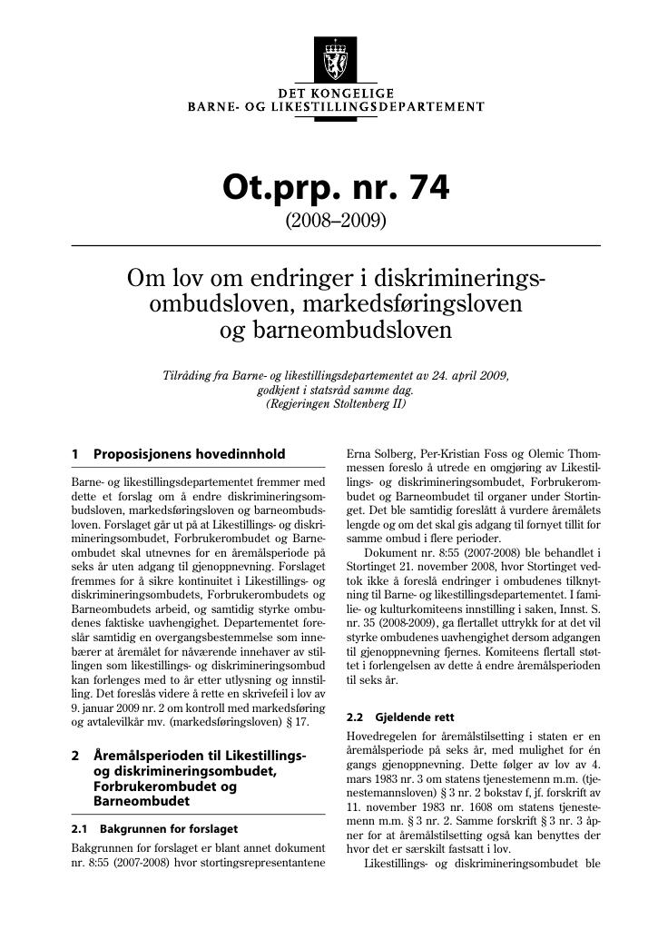 Forsiden av dokumentet Ot.prp. nr. 74 (2008-2009)