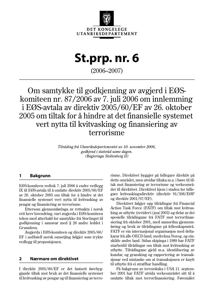 Forsiden av dokumentet St.prp. nr. 6 (2006-2007)
