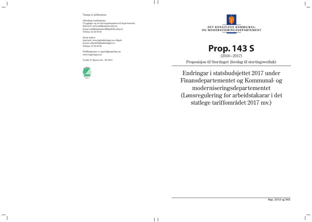 Forsiden av dokumentet Prop. 143 S (2016–2017)