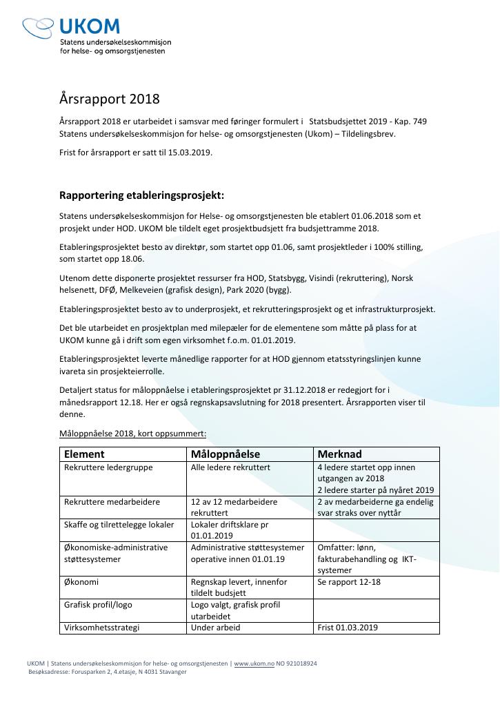 Forsiden av dokumentet Årsrapport Statens undersøkelseskommisjon for helse- og omsorgstjenesten (Ukom) 2018