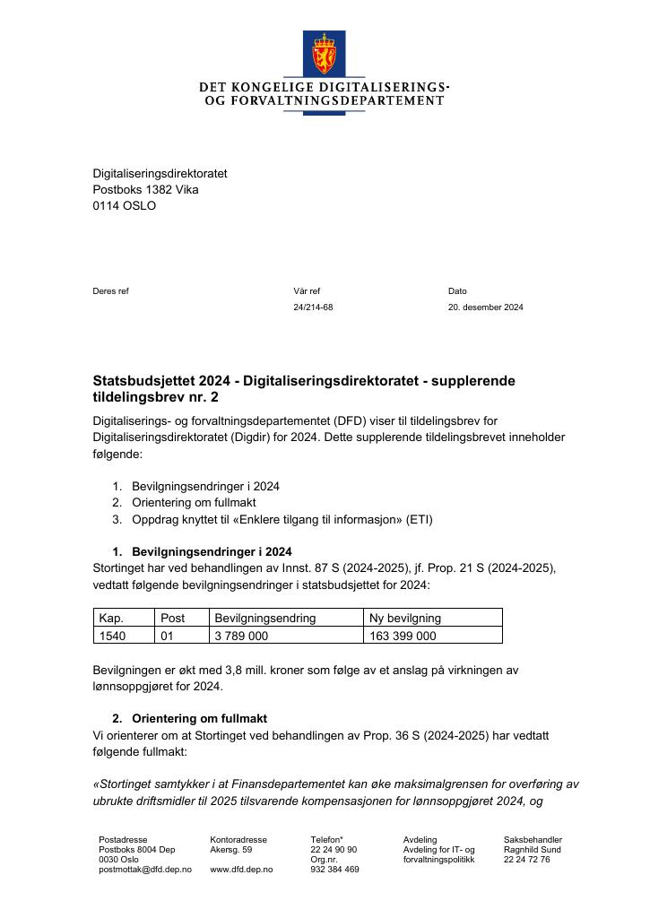 Forsiden av dokumentet Tildelingsbrev Digitaliseringsdirektoratet 2024 - tillegg nr. 2