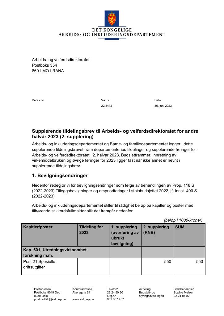 Tildelingsbrev Arbeids- Og Velferdsdirektoratet 2023 - Tillegg Nr. 2 ...