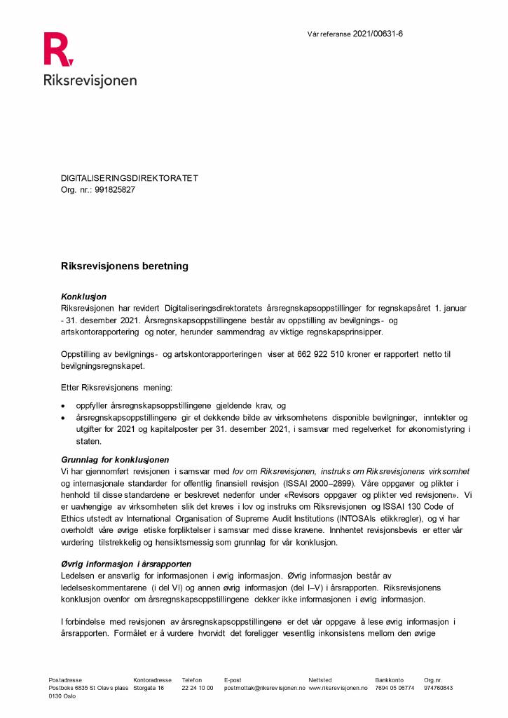 Forsiden av dokumentet Revisjonsberetning Digdir 2021