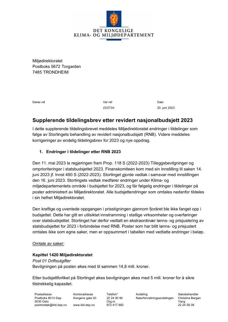 Forsiden av dokumentet Supplerende tildelingsbrev 20.06.2023