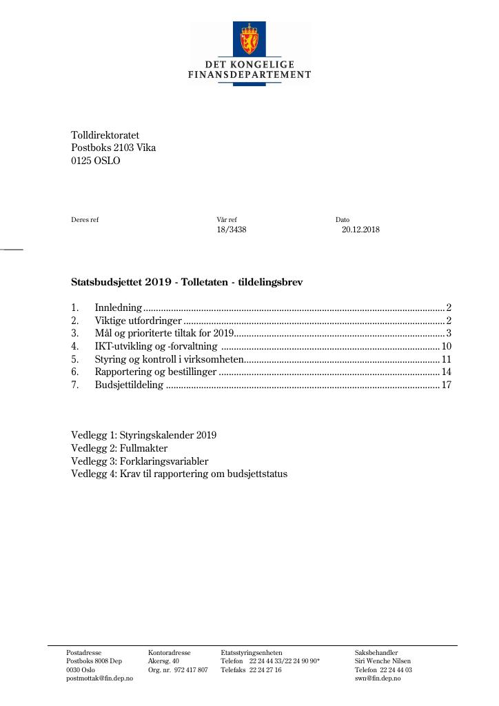 Forsiden av dokumentet Tildelingsbrev Tolletaten 2019