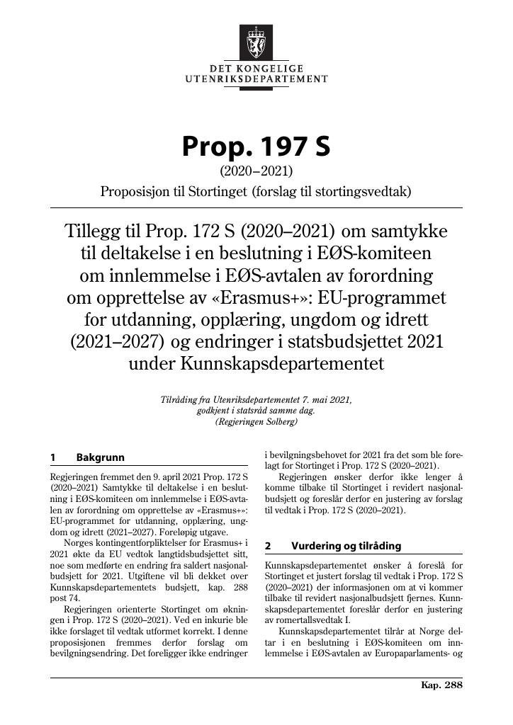 Forsiden av dokumentet Prop. 197 S (2020–2021)