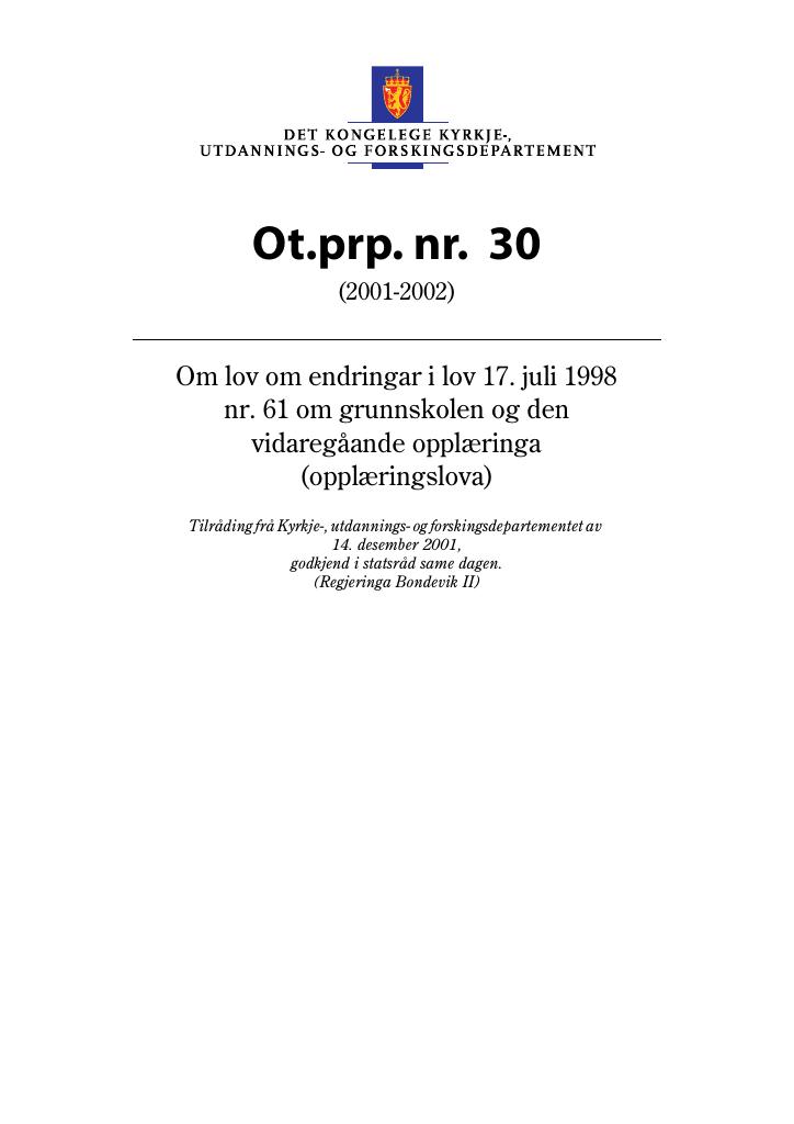 Forsiden av dokumentet Ot.prp. nr. 30 (2001-2002)