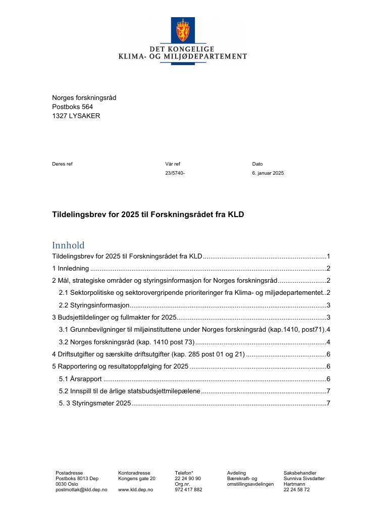 Forsiden av dokumentet Tildelingsbrev Norges forskningsråd 2025