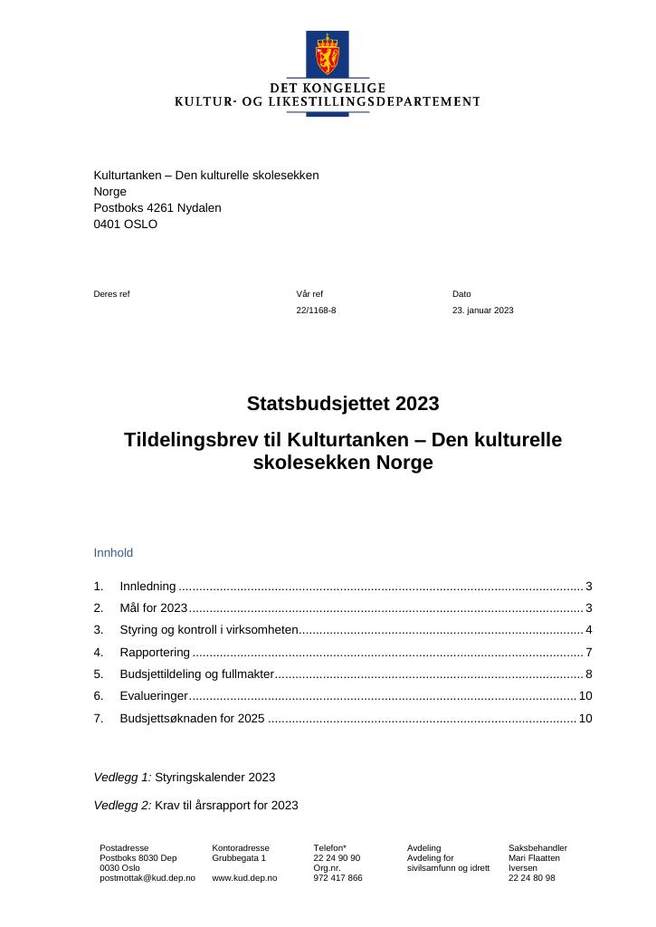 Tildelingsbrev Kulturtanken - Den Kulturelle Skolesekken Norge 2023 - Kudos